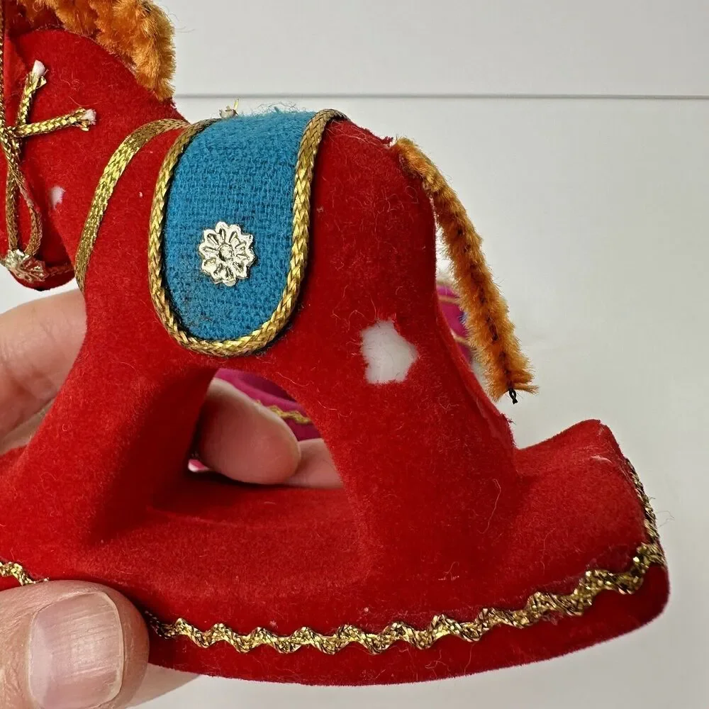 2 Vtg Rocking Horse Flocked Christmas Ornaments Kitschy Red Pink Pipe Cleaner 4